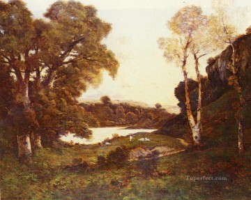  Lago Pintura al %C3%B3leo - Francés de 1819 a 1916 Cabras pastando junto a un lago Barbizon paisaje paisaje Henri Joseph Harpignies